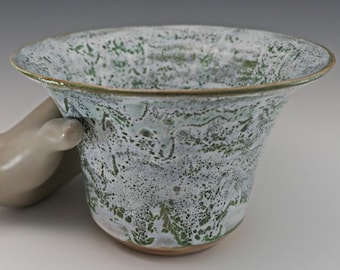 Flared Rim Ceramic Bowl, Green and White Glazes over Marbled Red and Tan Clay.