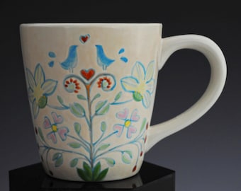 Unique Hand Painted Mug for Coffee, Tea, or Cocoa. Blue Birds.
