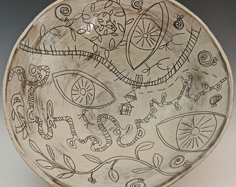 Large Sgraffito Ceramic Bowl, Handmade Pottery, Food Safe.