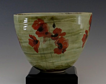 Handmade Stoneware Bowl for Serving or Display, Poppies.