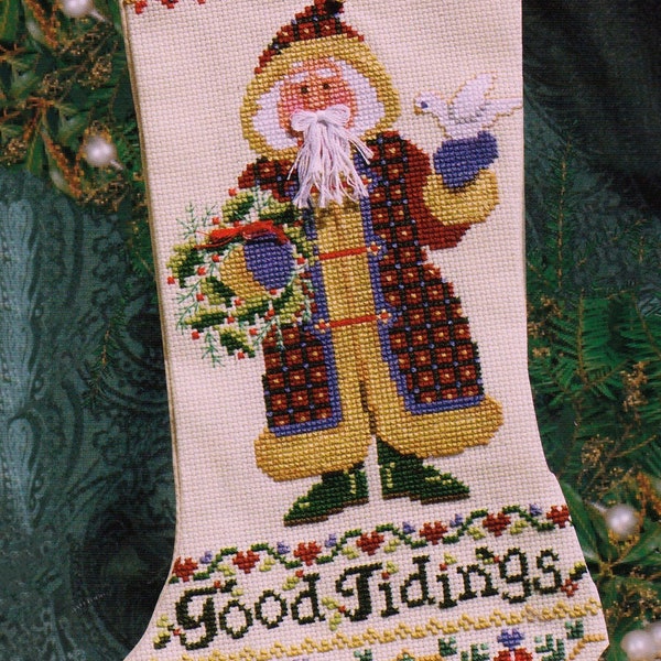 Janlynn #93-333, counted cross stitch kit, Good Tidings Stocking by Sandy Cozzolino, unopened kit, Christmas, cross stitch, gift, decor