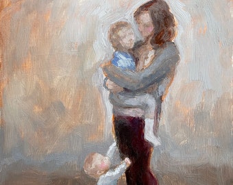 Mom's Attention Fine Art Print of my original painting of a Mother with two children [#128]
