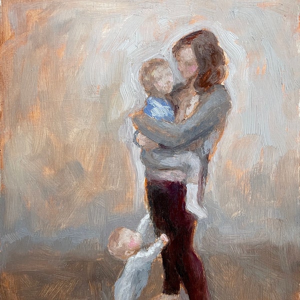 Mom's Attention Fine Art Print of my original painting of a Mother with two children [#128]