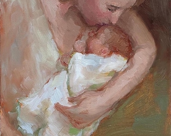 Impresión artística de la pintura al óleo original "Envuelto en mi corazón" de Madre y bebé [#213]