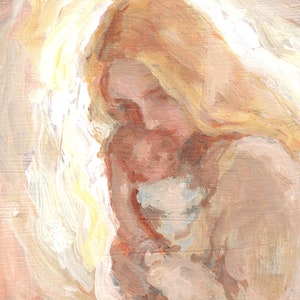 Blonde Mother Snuggling a Baby Fine Art Print of Original Oil Painting [#133]