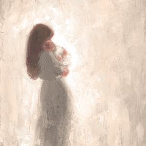 Mother with long dark hair and Baby (No wings) with sepia and grey colors Fine art print [#107]