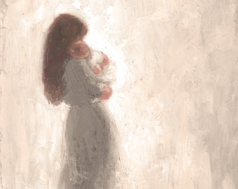 Mother with long dark hair and Baby (No wings) with sepia and grey colors Fine art print [#107]