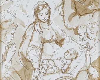 Puede incluir: Pintura a la acuarela en tonos sepia que representa una escena religiosa. La obra de arte presenta figuras que rodean a un bebé, con una figura femenina central que sostiene al bebé. Otras figuras están posicionadas alrededor de las figuras centrales. La firma del artista está en la esquina inferior derecha.