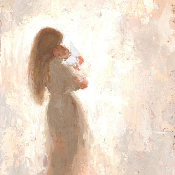 Mother with long brown hair and angel baby (with wings) Fine art print [#124]