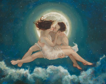 May include: An artistic painting depicts a couple embracing and kissing in the night sky. The background features a full moon and a starry, dark blue sky. The couple is surrounded by clouds, creating a romantic and ethereal scene.