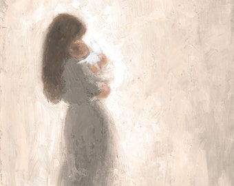 Mother with long dark hair and Baby with angel wings sepia and grey colors Original Oil Painting Fine art print [#101]