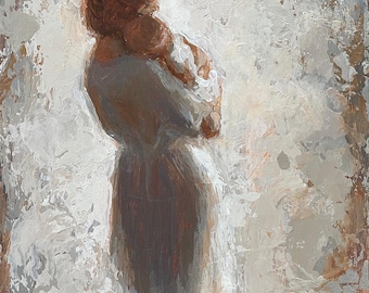 Mother Holding a Newborn Baby Original Oil Painting Fine Art Print