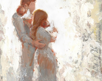 Brunette Mother, Father, and Two Angel Babies (With Wings) Fine Art Print [#105]