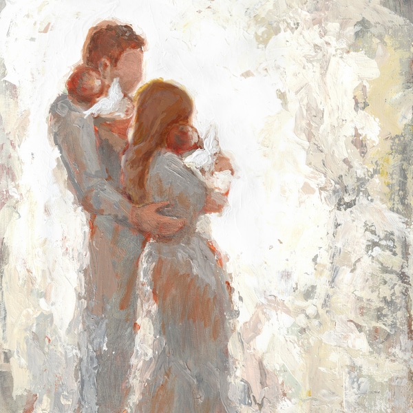 Brunette Mother, Father, and Two Angel Babies (With Wings) Fine Art Print [#105]