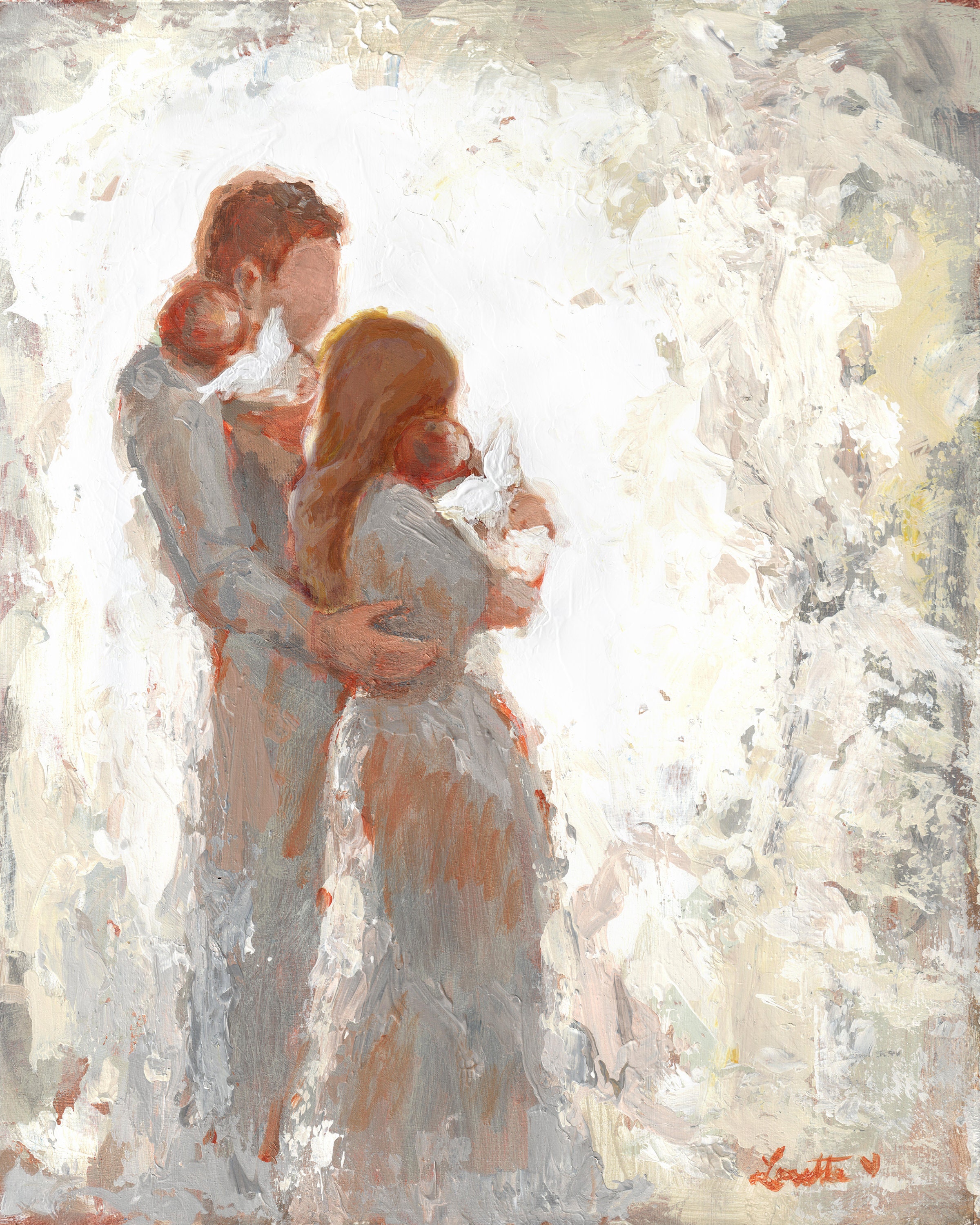 Brunette Mother, Father, and Two Angel Babies (With Wings) Fine Art Print [#105]