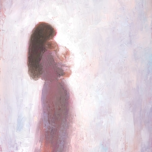 Mother with long black hair and Baby Original Oil Painting Fine art print [#123]