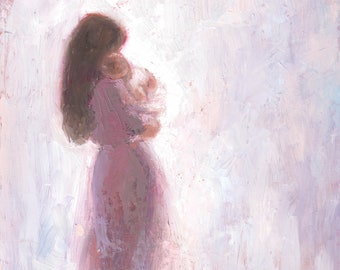 May include: A painting of a woman in a long, flowing purple dress holding a baby in her arms. The background is a soft, light purple.