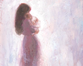 Mother with long black hair and Baby Original Oil Painting Fine art print [#123]