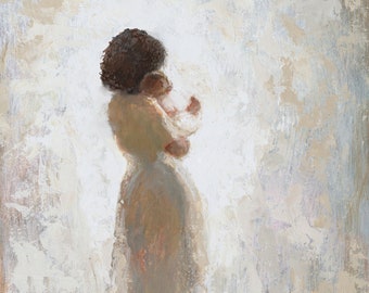 Mother with short black hair and Baby (no wings) neutral colors Fine art print [#113]