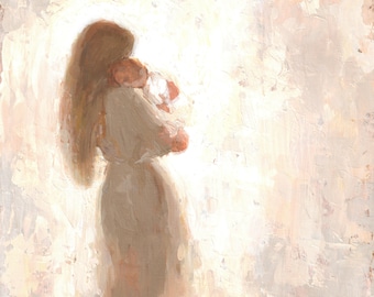 Moeder met lang bruin haar en baby (geen vleugels) Fine-artprint [#119]