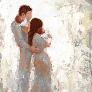 Impresión artística de una madre de cabello oscuro, un padre y dos bebés ángeles (con alas) [#190]