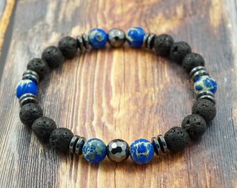 Free Shipping 8mm Lava Stone Bracelet Blue Sea Sediment Jasper Hematite Bracelet Mens Womens Beaded Bracelet Diffuser Bracelet Chakra
