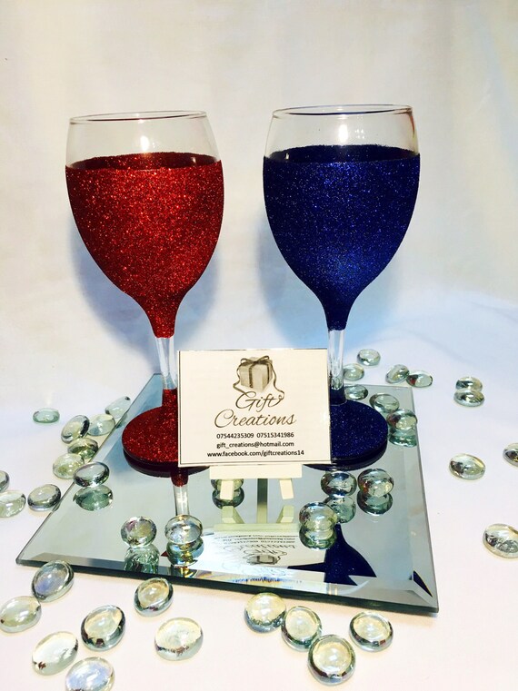 Glitter Wine Glass Red Glass Blue Glass Decorated Glitter Etsy
