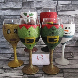 Christmas design glitter glass elf/santa/pudding/snowman/reindeer/nutcracker single glass supplied image 1