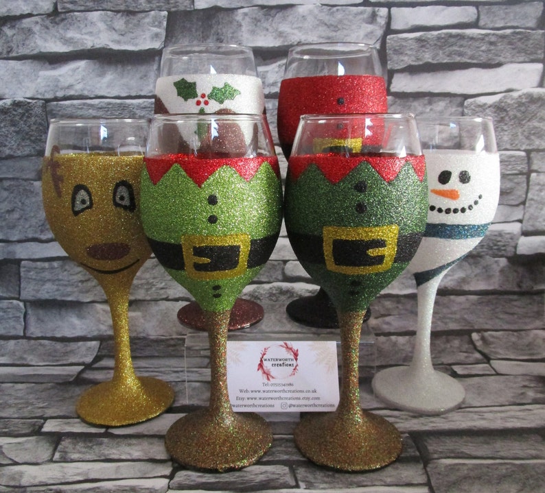 Christmas design glitter glass elf/santa/pudding/snowman/reindeer/nutcracker single glass supplied image 1