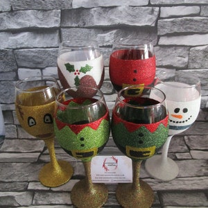 Christmas design glitter glass elf/santa/pudding/snowman/reindeer/nutcracker single glass supplied image 2