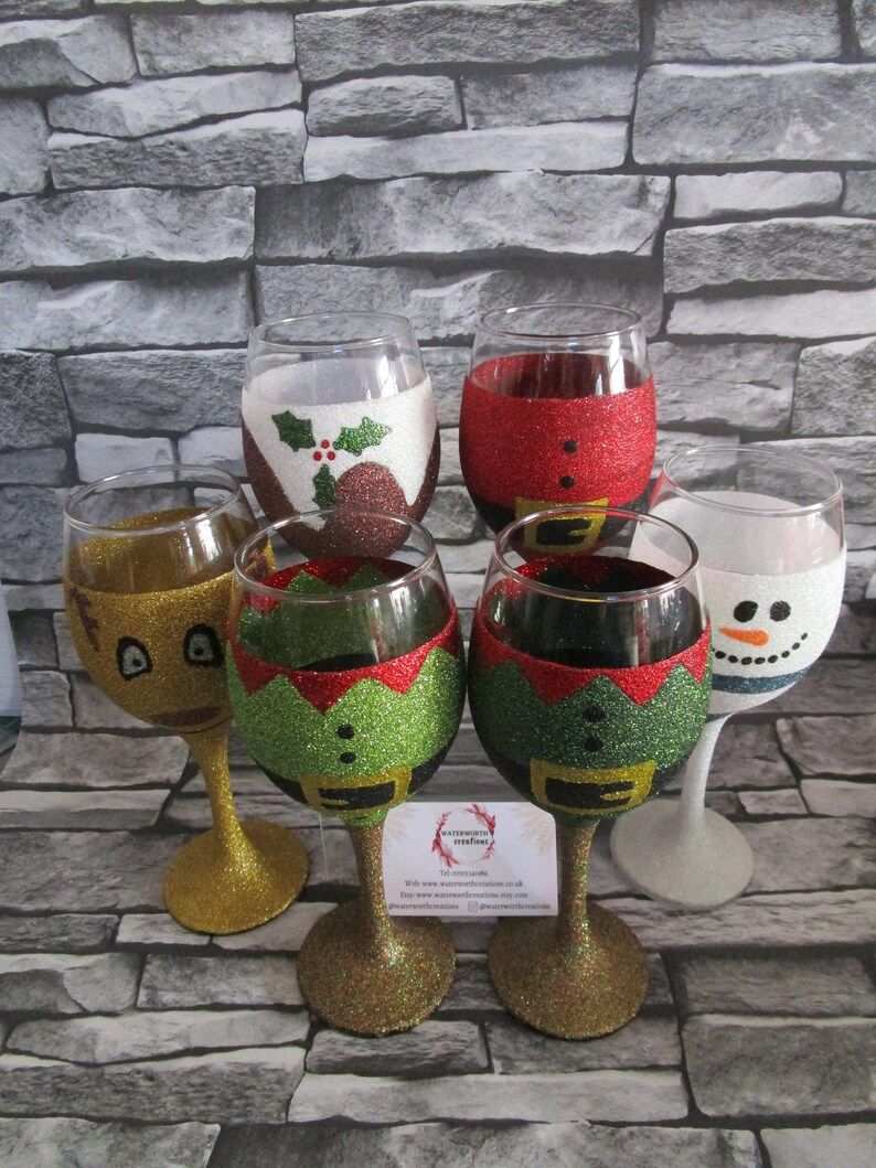 Christmas design glitter glass elf/santa/pudding/snowman/reindeer/nutcracker single glass supplied image 2