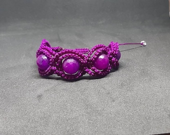 Double circle macrame bracelet in deep purple color jade stones handmade