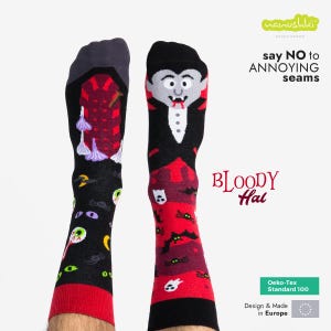 Funny Vampire Halloween Socks – Spooky Cartoon Cotton Socks with Bats, Garlic & Ghosts | Unisex Gift for Him - Her | Nanushki – Bloody Hal