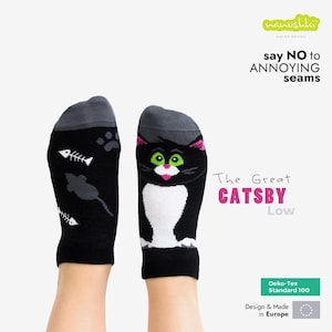 Calcetines tobilleros de gato divertidos – The Great Catsby / Calcetines de algodón de corte bajo / Regalo para amantes de los gatos / Calidad Nanushki