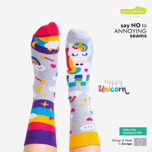Happy Unicorn – Cute Unicorn Socks | Colorful Cotton Socks with Rainbows & Hearts | Gift for Her | Magical Unisex Socks