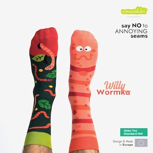 Pode incluir: Um par de meias coloridas com um design de verme. Uma meia tem um fundo verde com vermes vermelhos e folhas. A outra meia tem um fundo rosa com um rosto de verme vermelho e listras. As meias são etiquetadas como "Willy Wormka" e "say NO to ANNOYING seams".