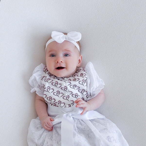 Festive baby dirndl made of cotton with a heart pattern in pink-green with a lace apron size 62,68,74,80