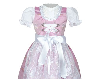 Bebé festivo dirndl hecho de seda artificial en rosa con encaje para el bautismo, bodas u otras ocasiones en tamaño 62,68,74