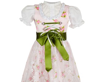 Festive baby dirndl made of cotton with a floral pattern in pink-green with an apron made of lace