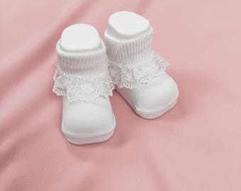 White baby socks with lace – festive baby socks for christenings & special occasions