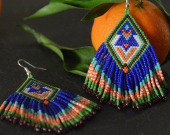 Beaded earrings, Native American style, seed bead earrings, beadwork jewelry, fringe earrings, dangle earrings, Boho style, gift for her