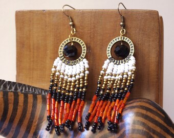 Beaded earrings,long fringe earrings, ethnic style, Native American style, seed bead earrings, beadwork jewelry, dangle earrings, boho