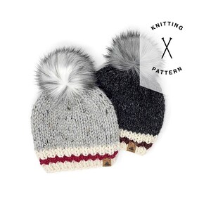 Könnte beinhalten: Zwei Strickmützen mit Bommeln. Eine Mütze ist grau mit einem weißen Bommel und einem rot-weißen Streifen. Die andere Mütze ist schwarz mit einem grauen Bommel und einem rot-weißen Streifen. Beide Mützen haben ein braunes Leder-Etikett mit dem Text "KNITTING PATTERN" darauf.