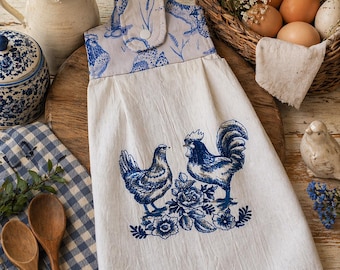 Blue Rooster French Farmhouse Kitchen Towel | Embroidered Chicken Tea Towel | Cottage Kitchen Decor | Elegant Country Home Gift