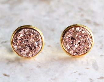 Rose Gold Stud Earrings Druzy Lucite Earrings Copper Lever Back Earrings - Starlight