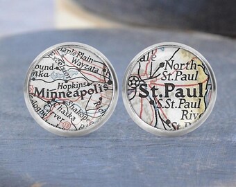 Minneapolis Map Stud Earrings, St Paul Necklace, Dangle Earrings, Minnesota Gift, Cuff Links