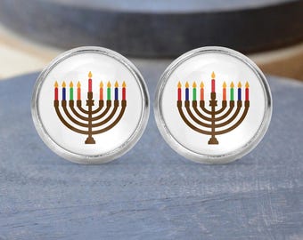 Hanukkah Menorah Stud Earrings: Dangle Earrings, Hanukkah Necklace, Hanukkah Gift, Clip on Earrings