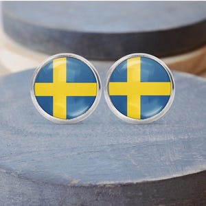 Sweden Flag Earrings, Sweden Necklace, Swedish Jewelry, Sweden Gift, Cuff Links, Key chain
