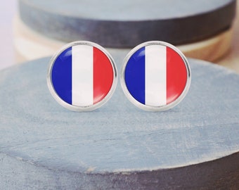 French Flag Stud Earrings, French Necklace, Cuff Links, France Keychain, French Jewelry