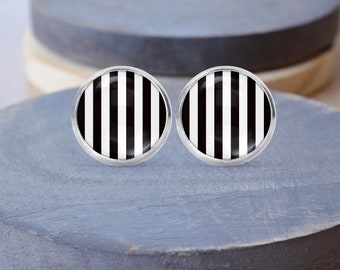 Black White Stripe Stud Earrings, Striped Necklace, Stripe Cuff Links, Dangle Earrings